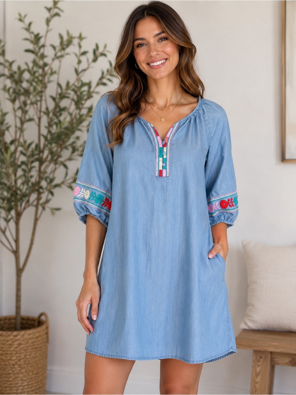 Women’s Light Blue Embroidered Boho Tunic Dress – xxl